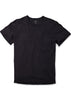 Men's crewneck t-shirt in black featuring short sleeve and shirt tail hem, longer in the back