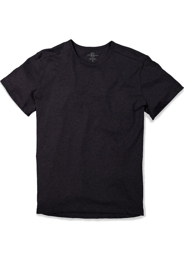 Men's crewneck t-shirt in black featuring short sleeve and shirt tail hem, longer in the back